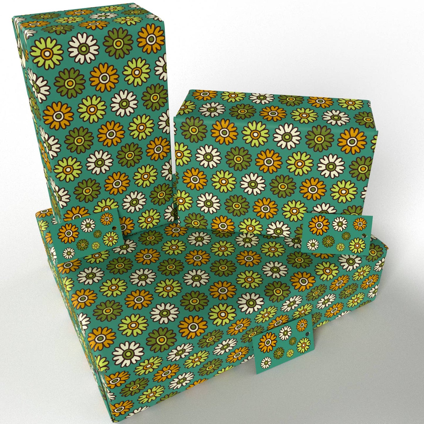 Retro Blue Flowers Wrapping Paper • 100% Recycled • UK Made