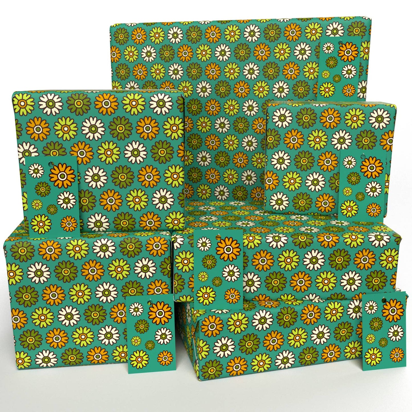 Retro Blue Flowers Wrapping Paper • 100% Recycled • UK Made