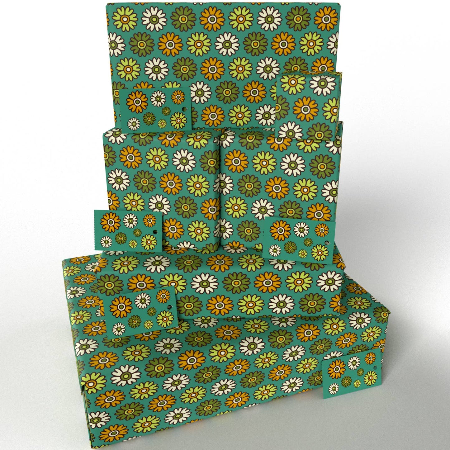 Retro Blue Flowers Wrapping Paper • 100% Recycled • UK Made