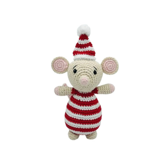 Xmas Mouse with Hat Baby Rattle, Handmade Crochet Organic