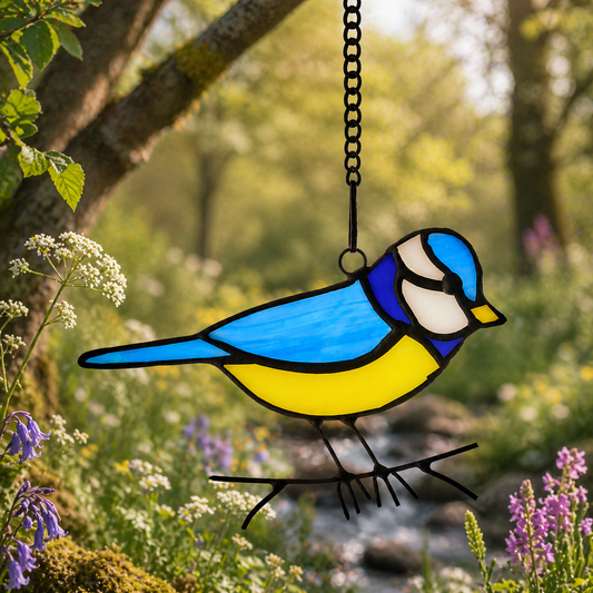 Hanging Stained Glass Bird - Blue Tit